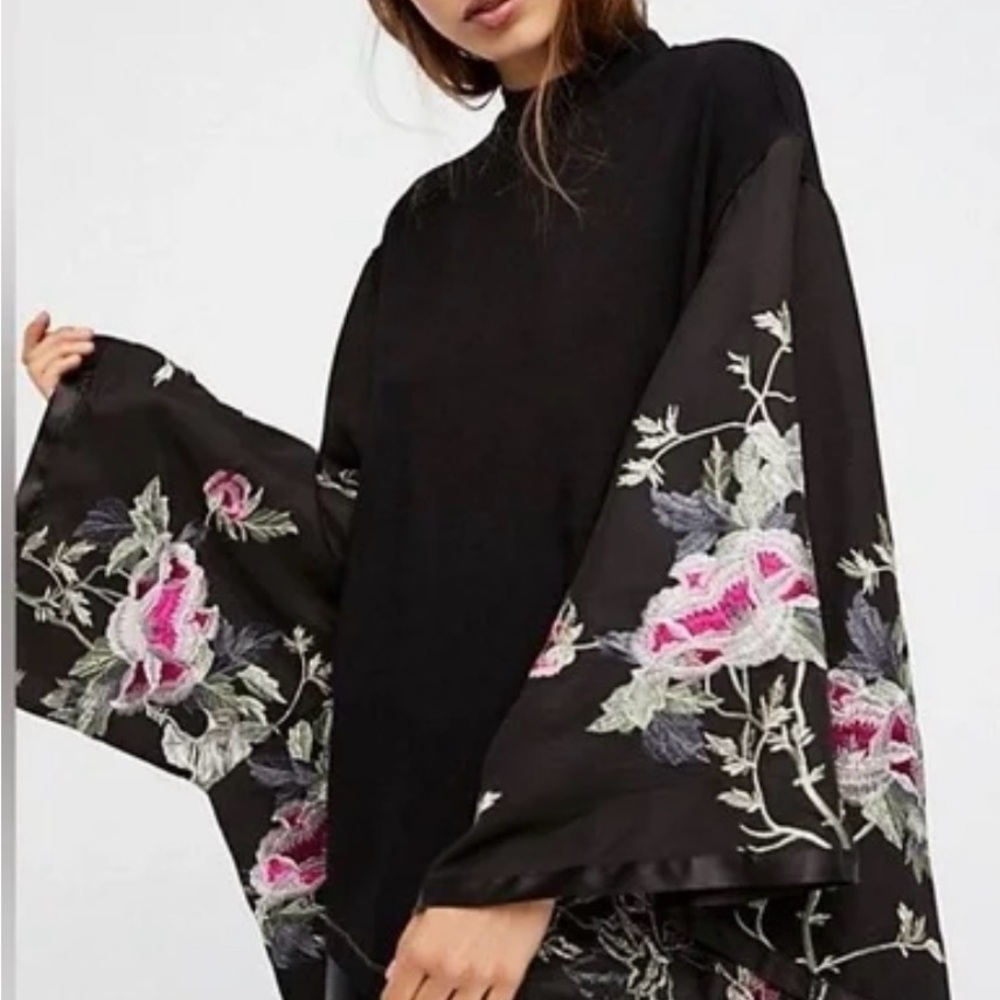 Free People Black Blouse with Pink Floral Embroidery‎